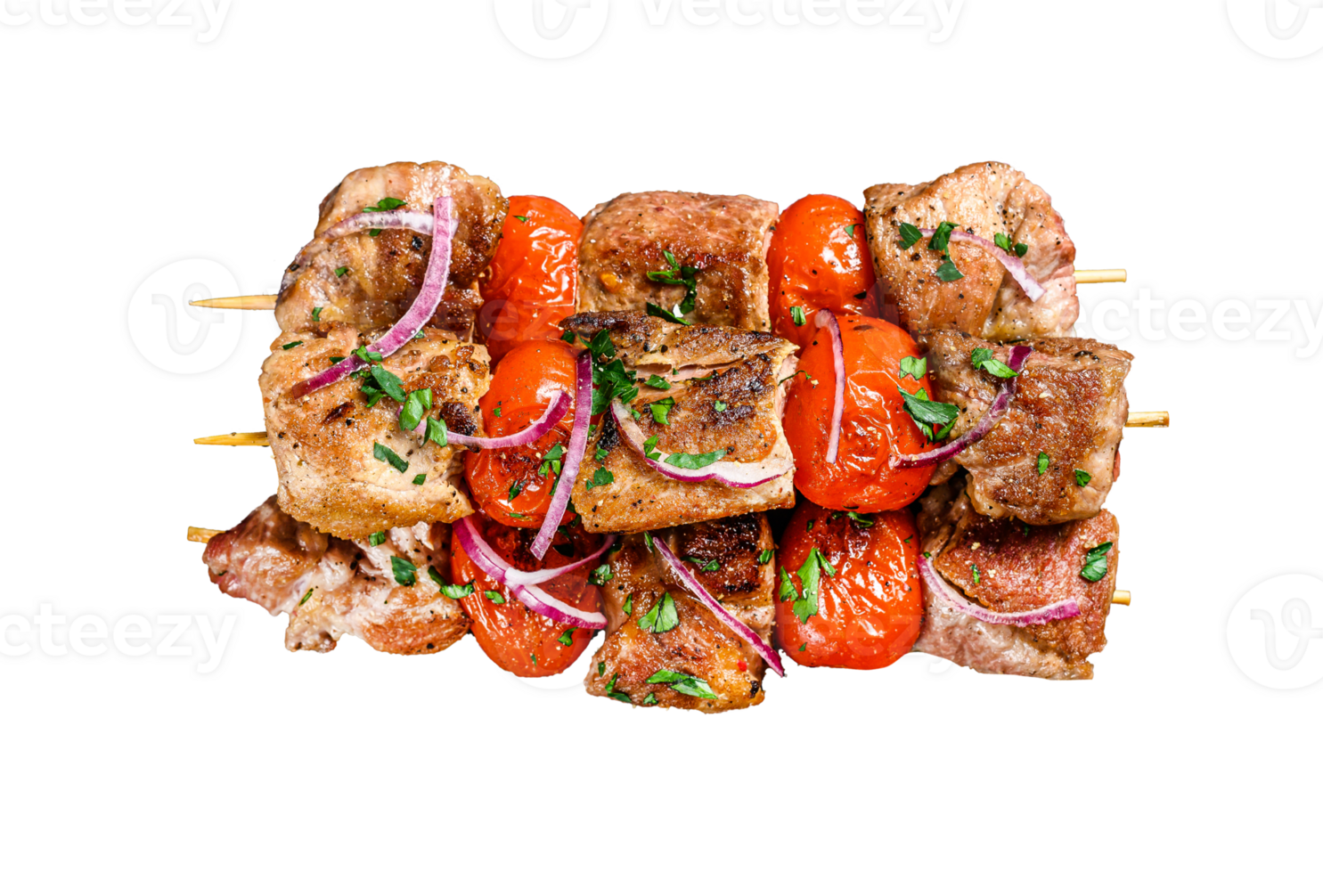 Shish kebab with onion and tomato. Grilled meat skewers. Black background. Top view png
