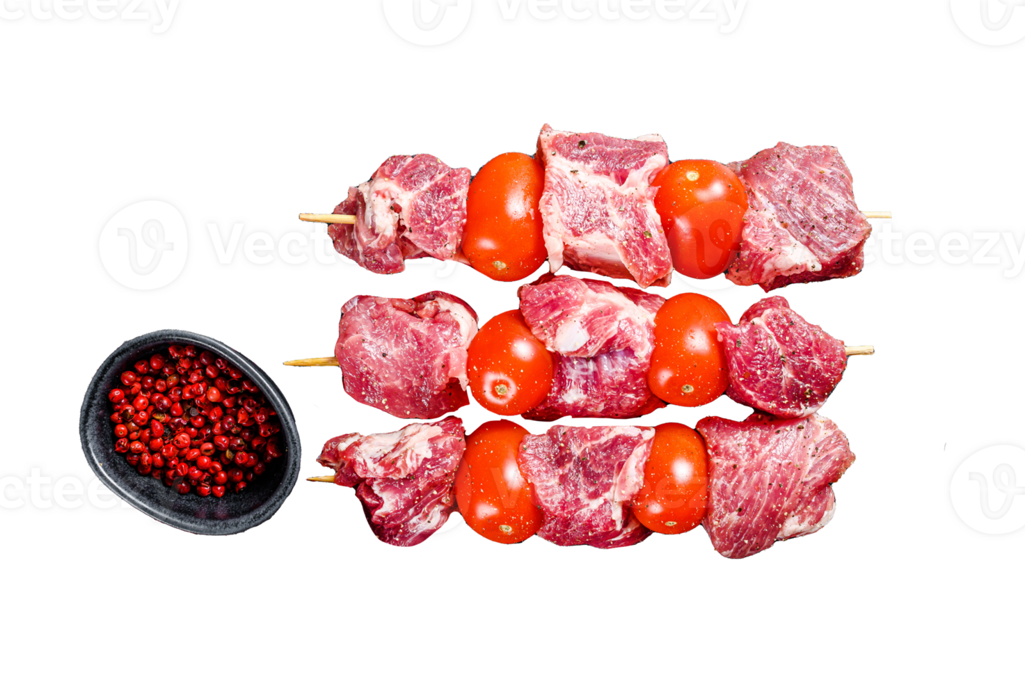 Raw beef meat kebab. BBQ with tomato and spices. Black background. Top view png