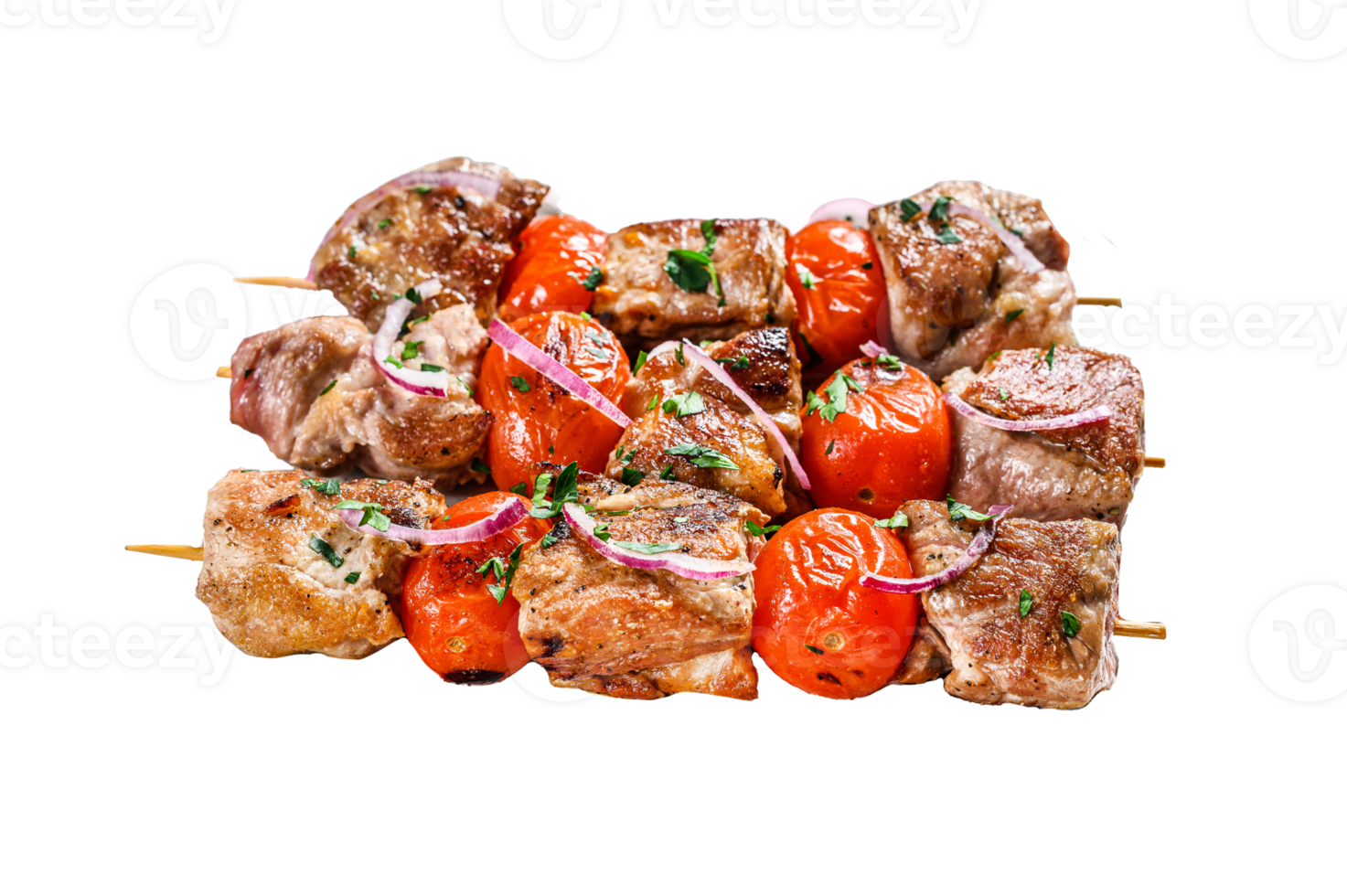 Pork kebab on skewers with tomato and pepper. Food for a picnic. Gray background. Top view png