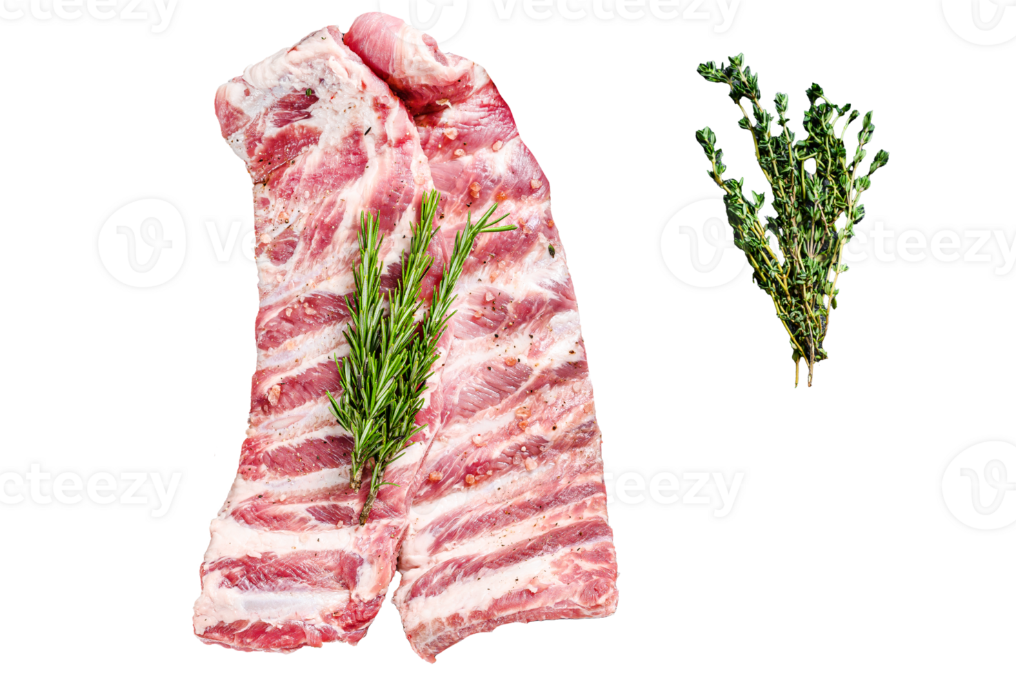 Rack of uncooked raw pork spare ribs seasoned with spices in a pan. Black background. Top view png