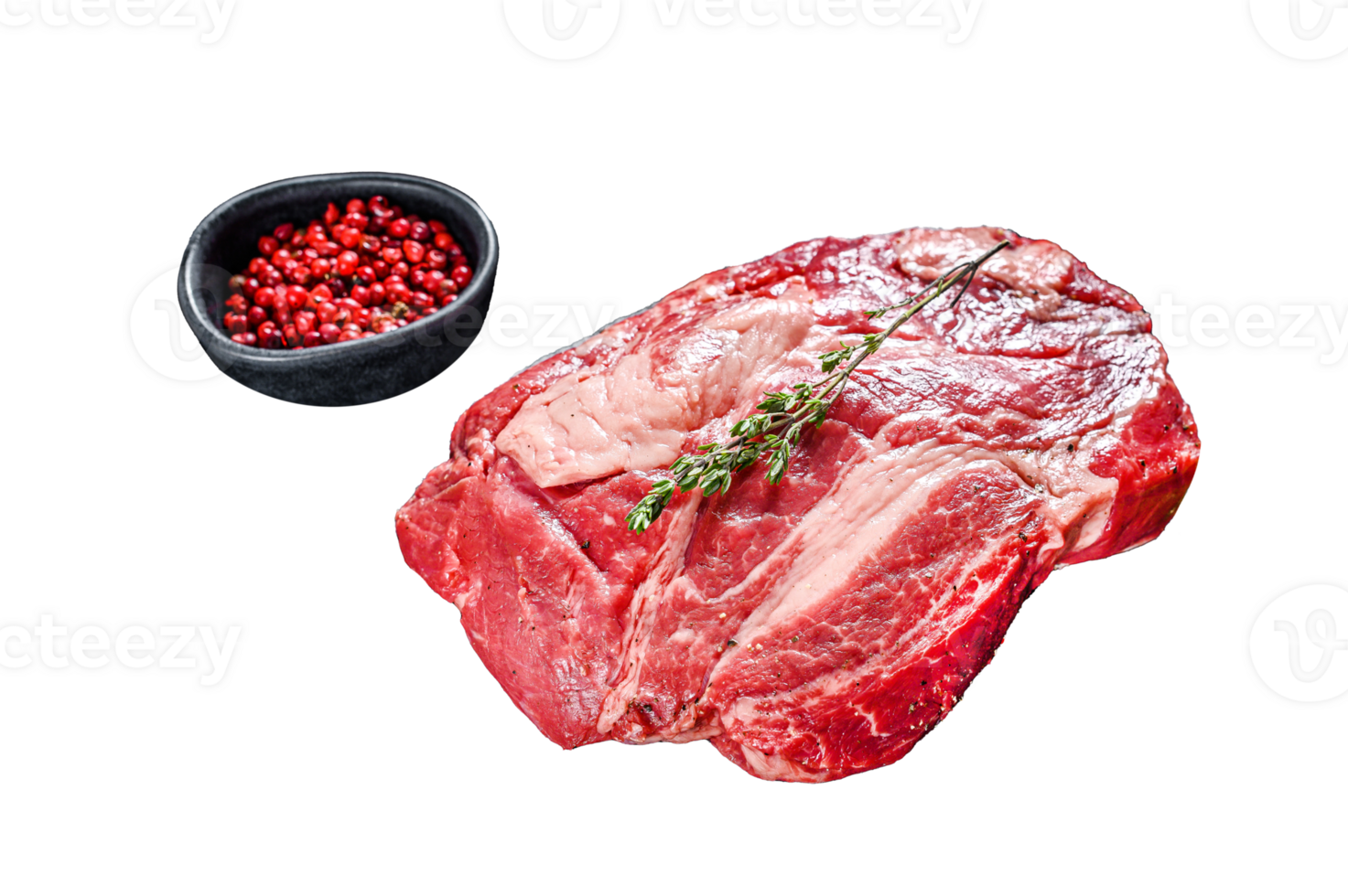 Fresh Raw meat Prime Black Angus Chuck roll steak. Black background. Top view png