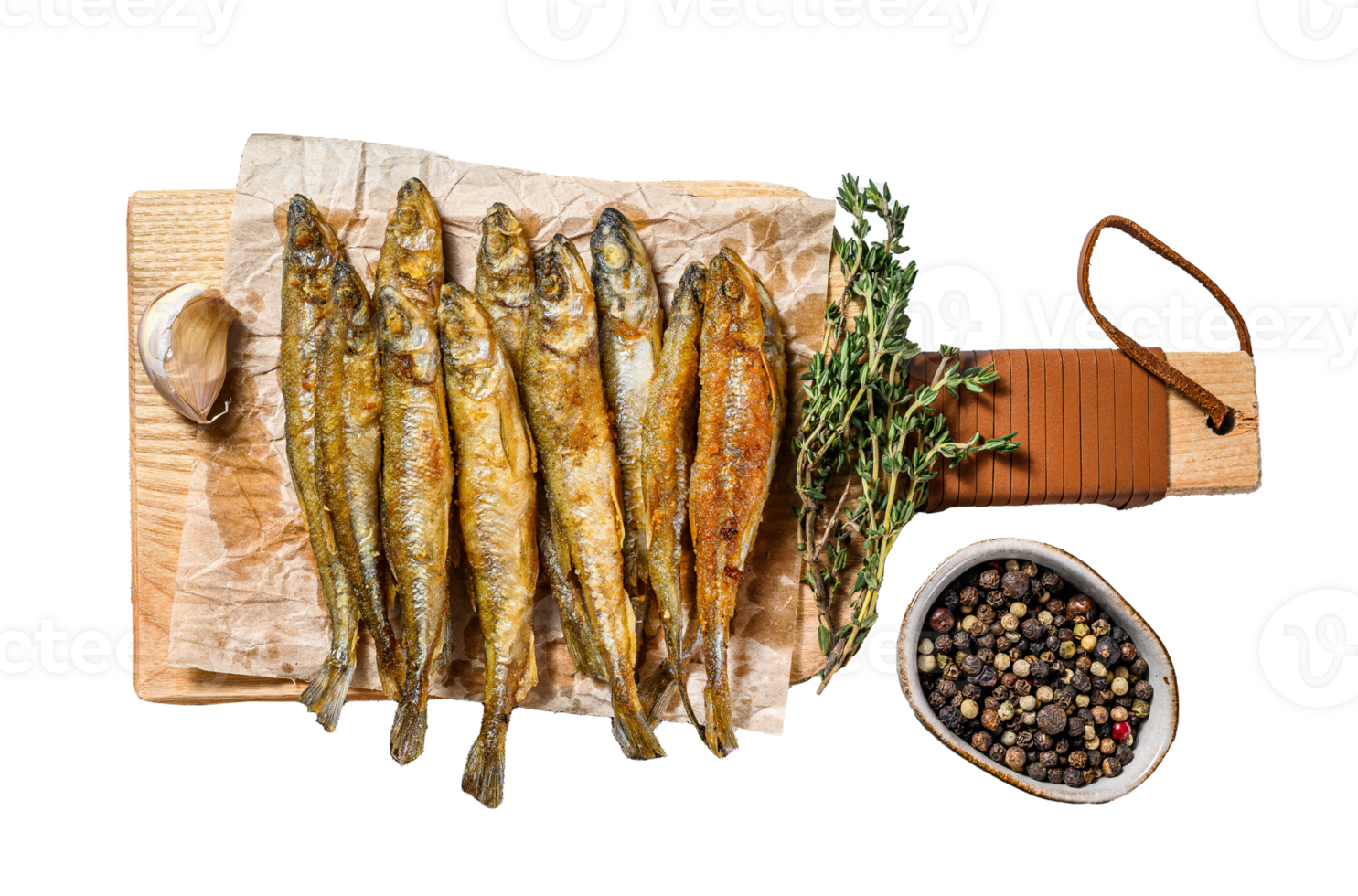Fried smelt, sprats. Small fried fish. Gray background. Top view png