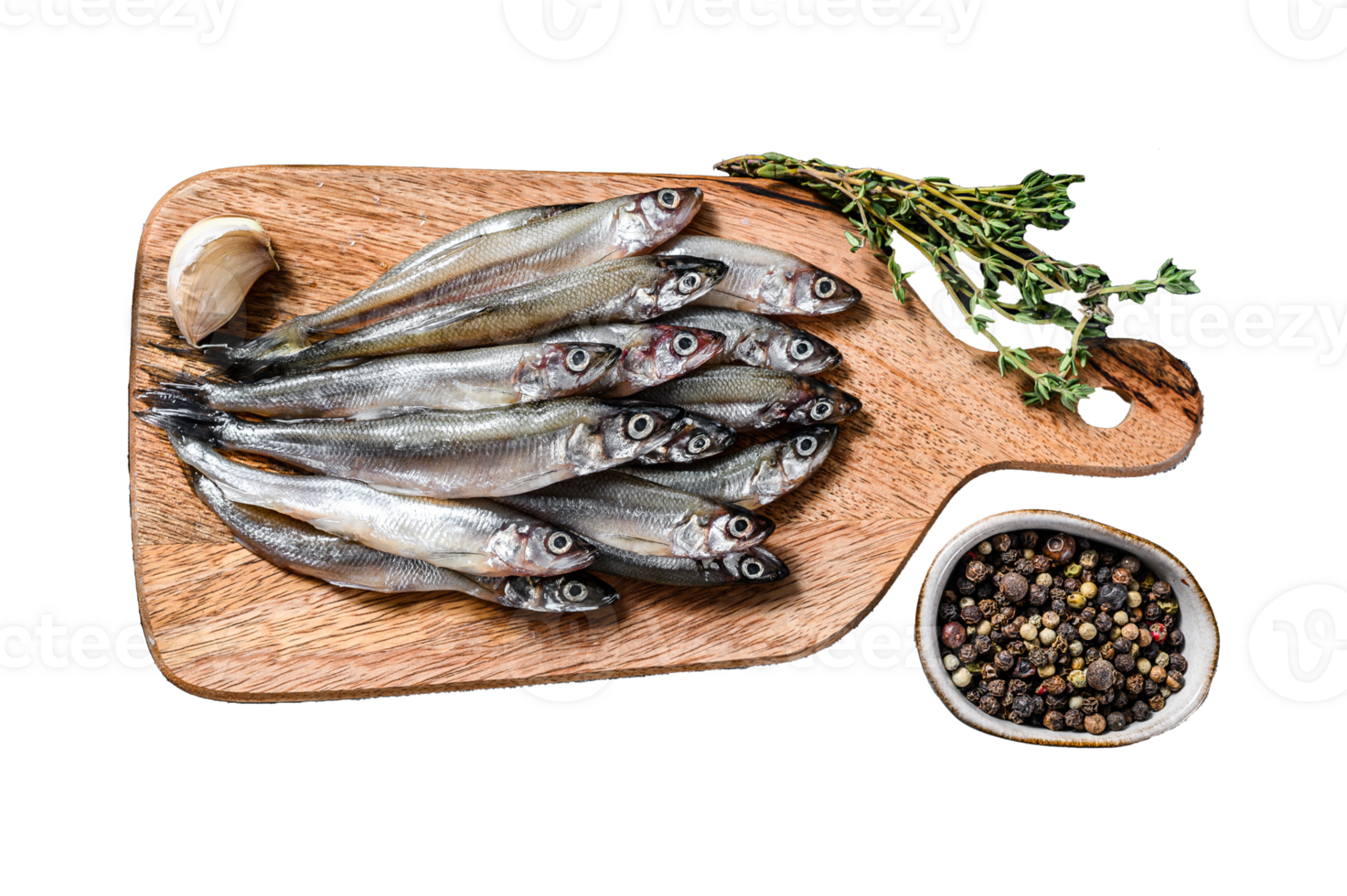 Fresh raw sea small fish smelt. Gray background. Top view png