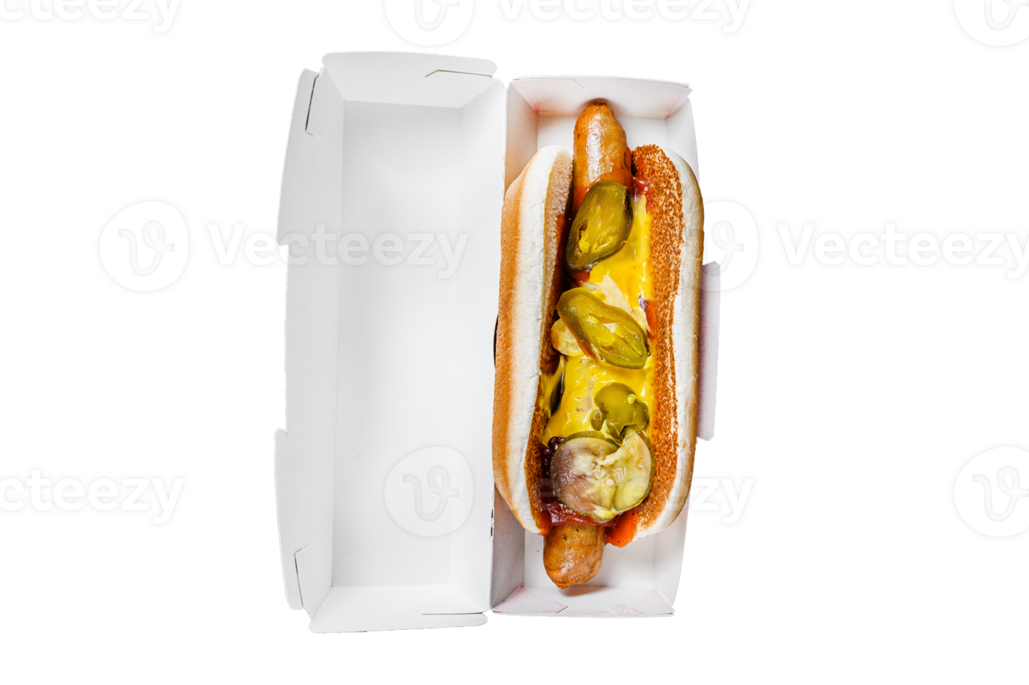 Hot dog with jalapeno in a cardboard box, food delivery concept. Junk food. Space for text. png