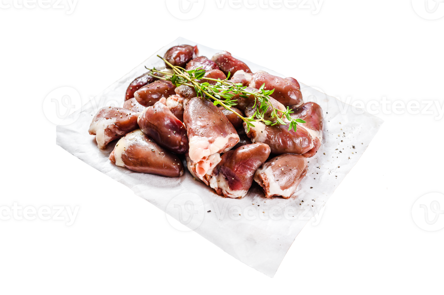Fresh chicken hearts. Raw offals. White background. Top view png
