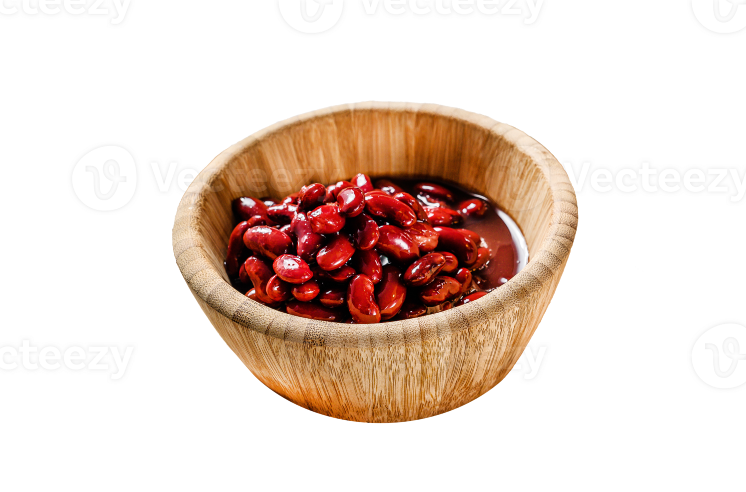 Red canned beans in a bamboo bowl. Gray background. Top view. png
