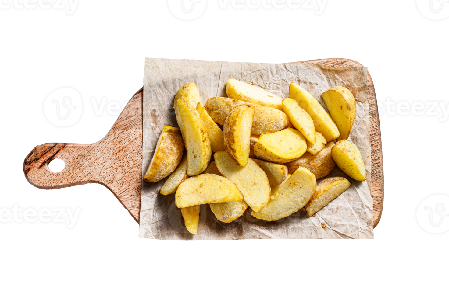 Frozen French Fries potato wedges on a wooden cutting board. White background. Top view png