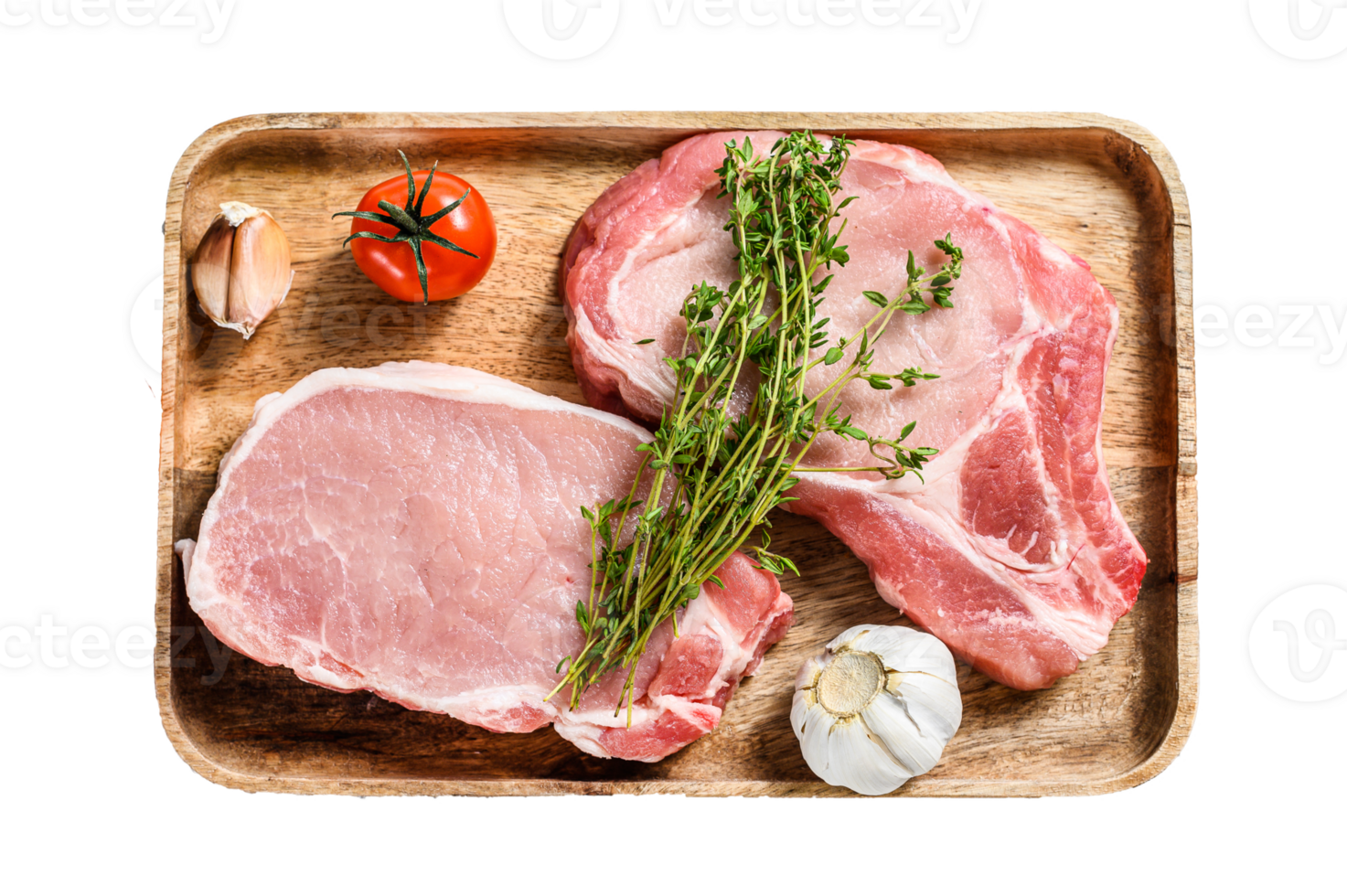 Raw pork cutlet. Organic meat steak. White background. Top view png