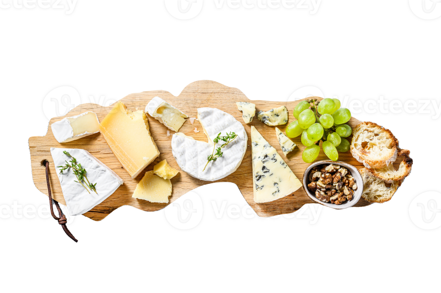 Assorted cheeses on a wooden cutting Board. Camembert, brie, Parmesan and blue cheese with grapes and walnuts. White background. Top view png