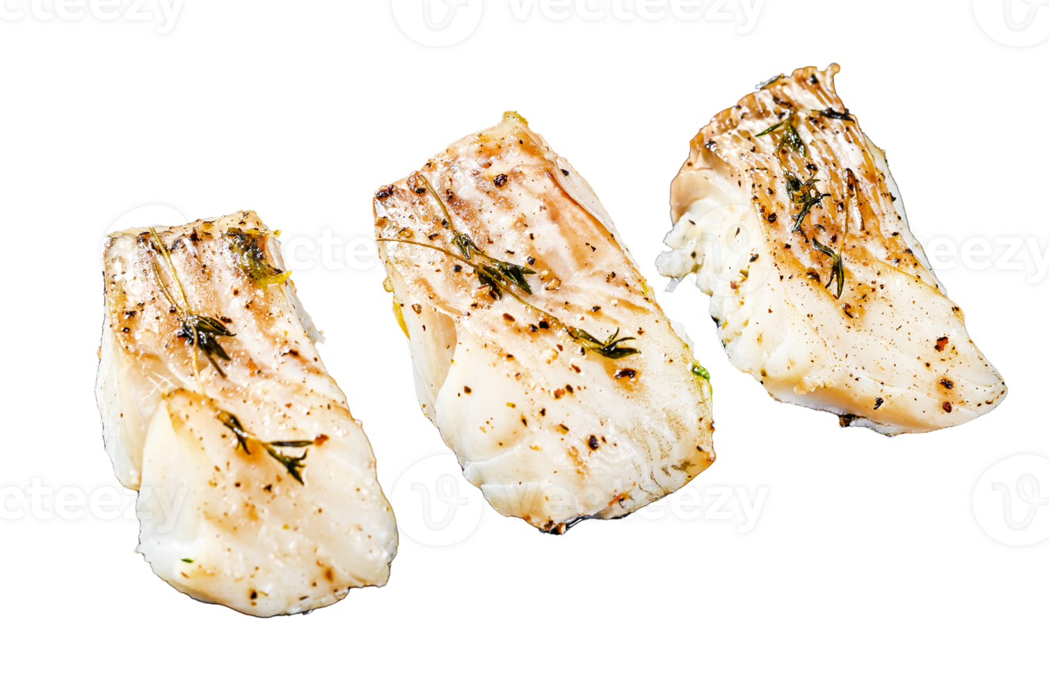 Baked cod fish fillet with spice. Black background. Top view png