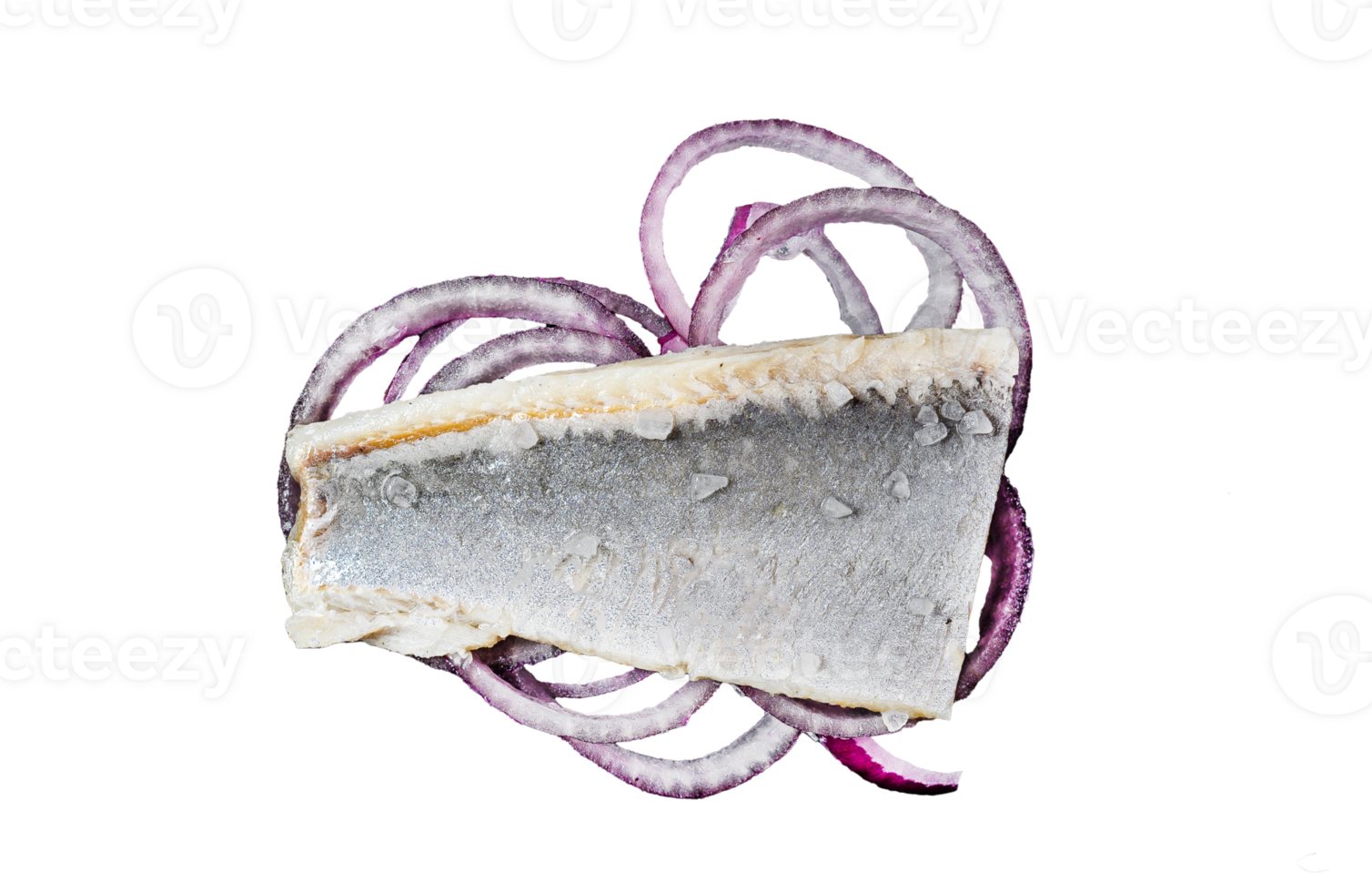 Traditional Dutch food herring with red onion. New season of herring called Hollandse nieuwe. Black background. Top view png
