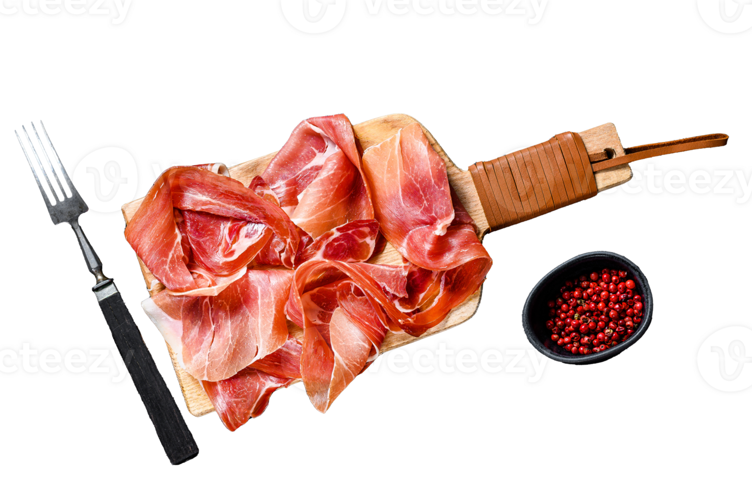 Spanish jamon Serrano, ham. Black background, top view, space for text png