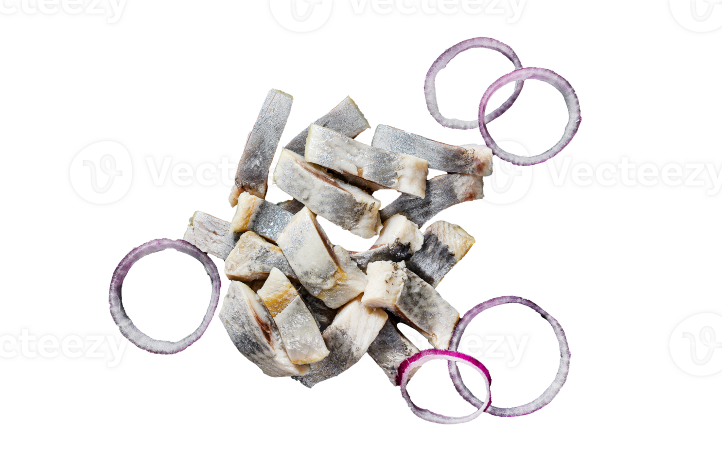 Pieces of salted herring with onion rings. Black background. Top view png
