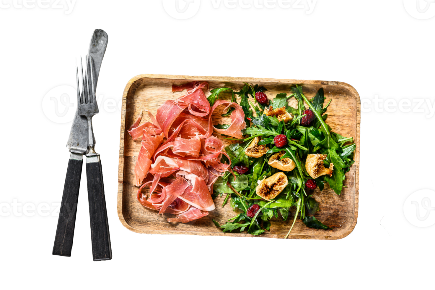 Salad with Serrano jamon, ham, rucola and fig. Antipasto. Gray background, top view. png