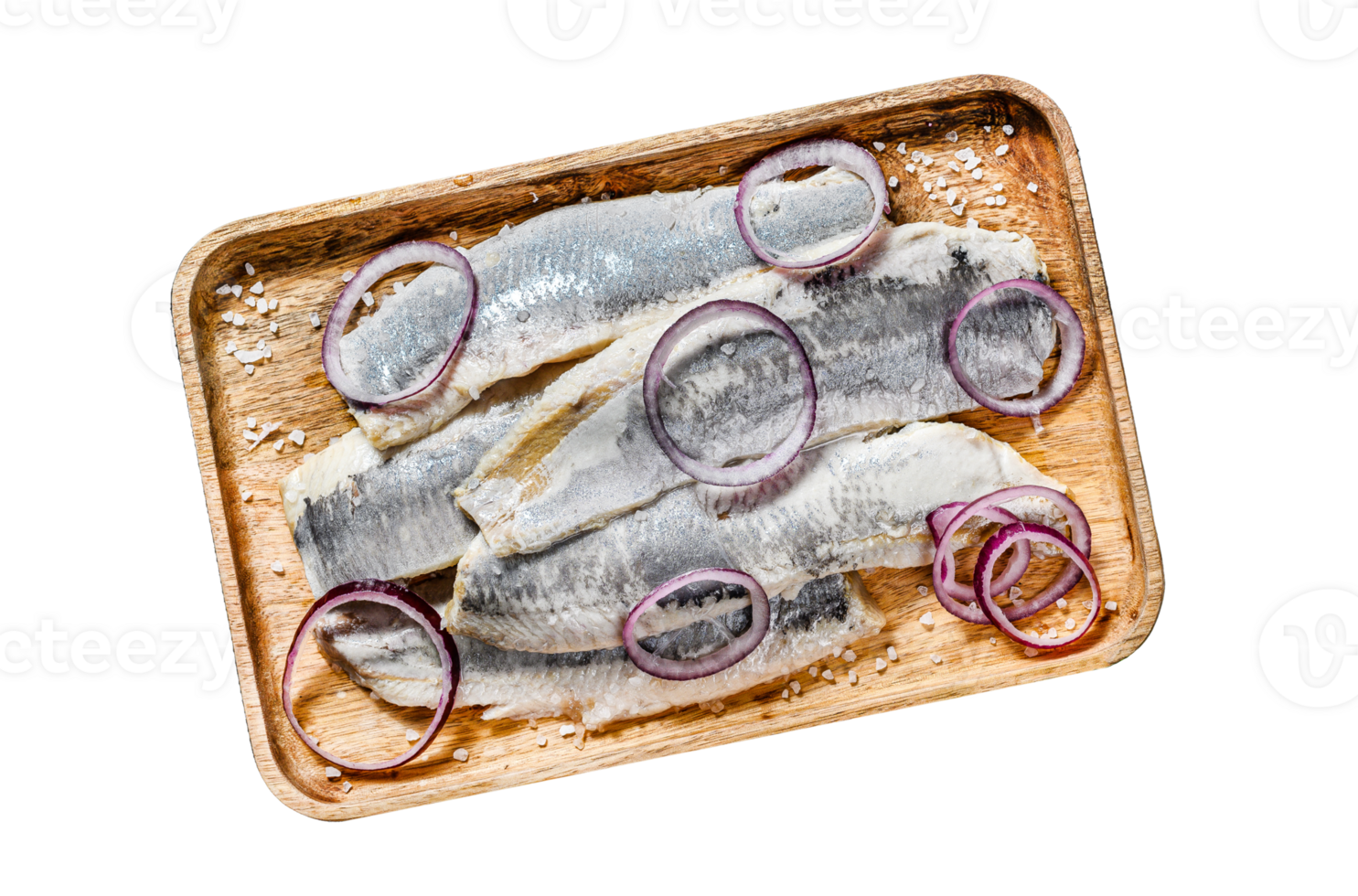 Traditional Dutch food herring with red onion. New season of herring called Hollandse nieuwe. Black background. Top view png
