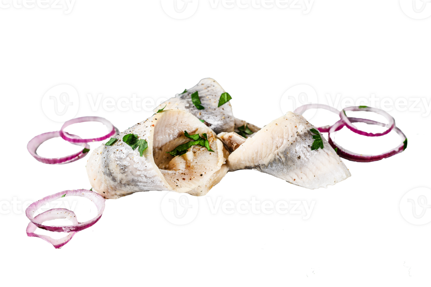 Pieces of salted herring with onion rings. Gray background. Top view png