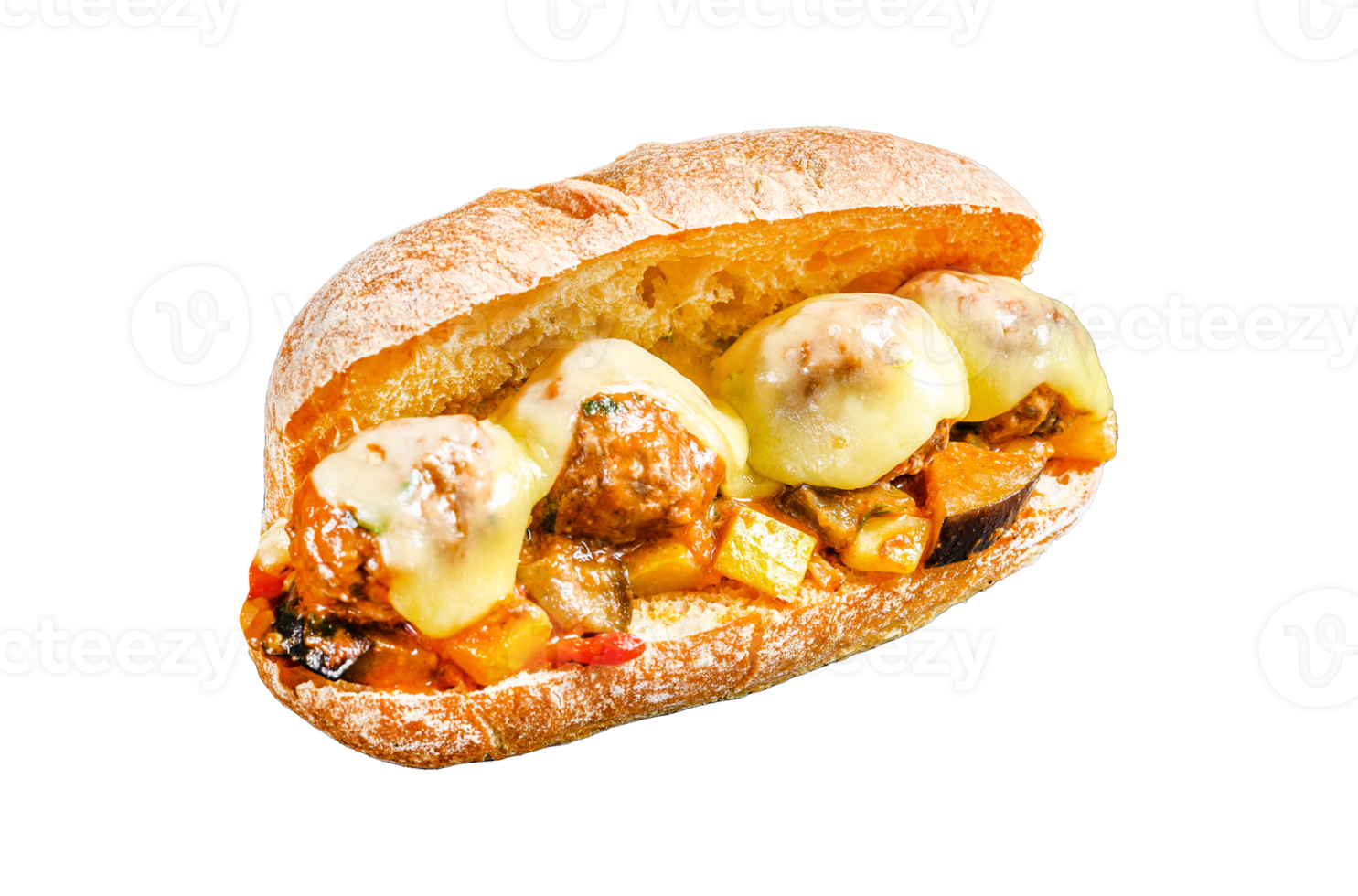 Submarine sandwich with meatballs, ricotta cheese. Black background. Top view png