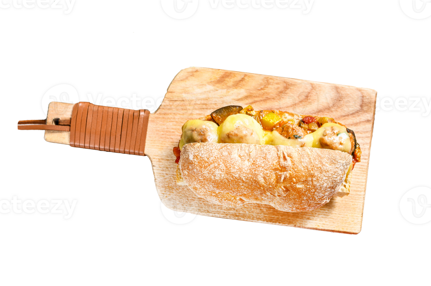 Submarine sandwich with meatballs. Gray background. Top view png