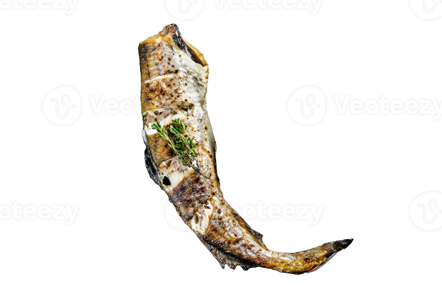 Baked pollock cooked in a savory marinade. Black background. Top view png