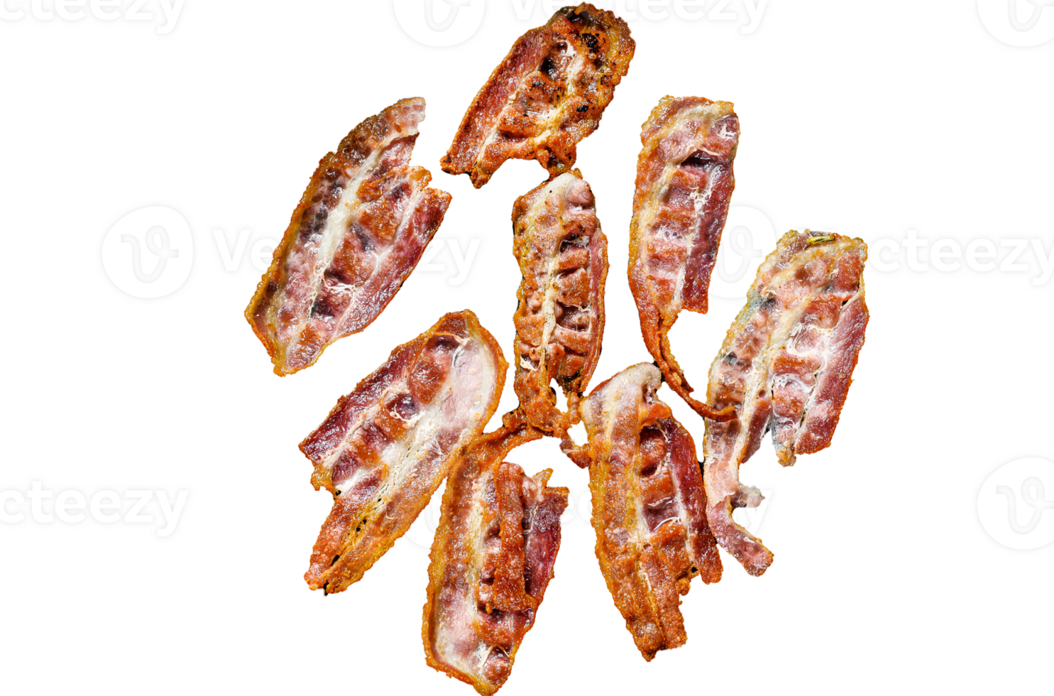 Slices of crispy hot fried cooked bacon. Farm organic meat. Black background. Top view png