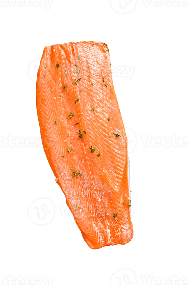 Raw trout fillet with salt and chili pepper in a pan. Organic fish. Black background. Top view. png