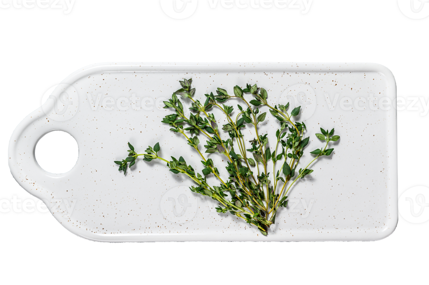 Sprigs of thyme on a white cutting Board. Gray background. Top view. Space for text png
