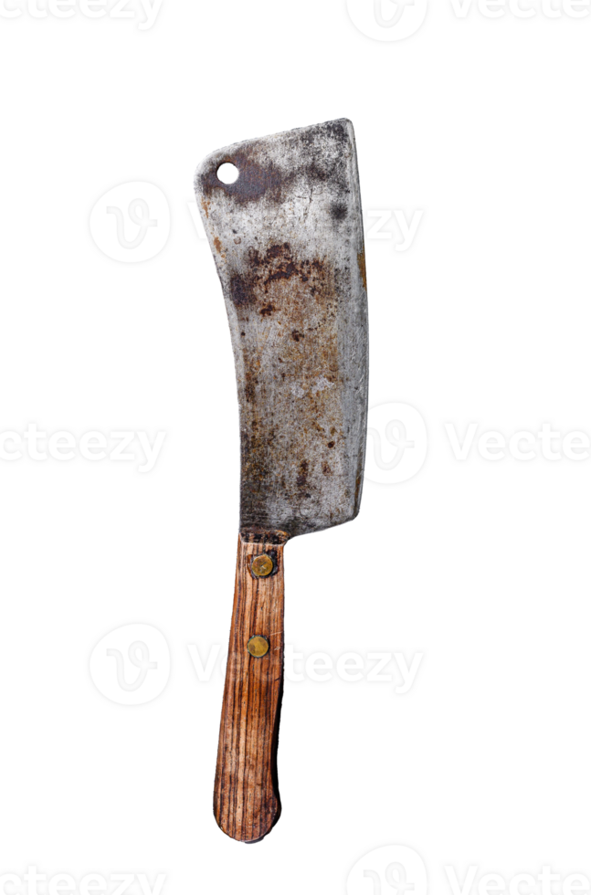 Vintage butcher cleaver with wooden handle. Black background. Top view png
