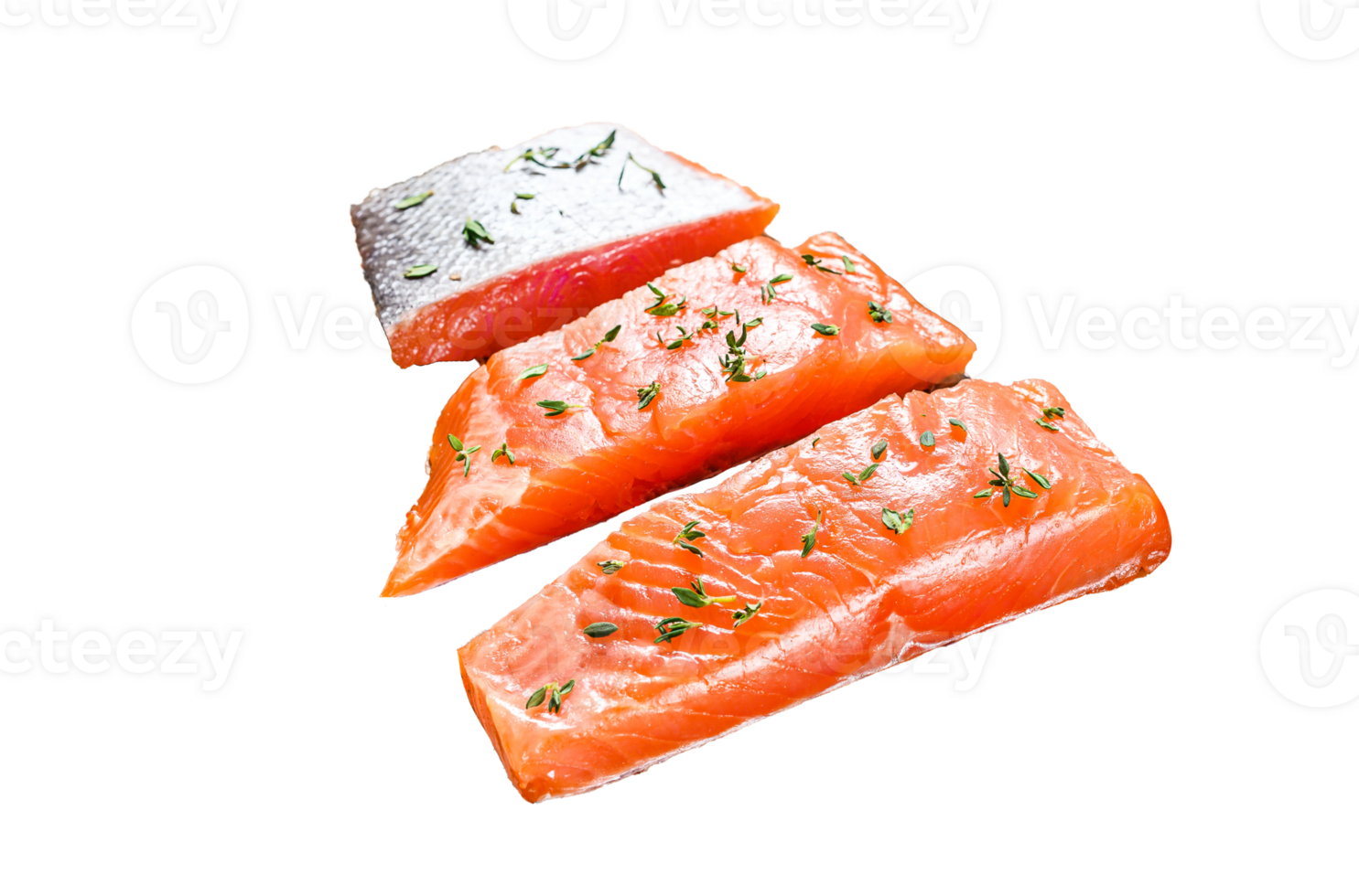 Salted salmon fillet with thyme. White wooden background. Top view png