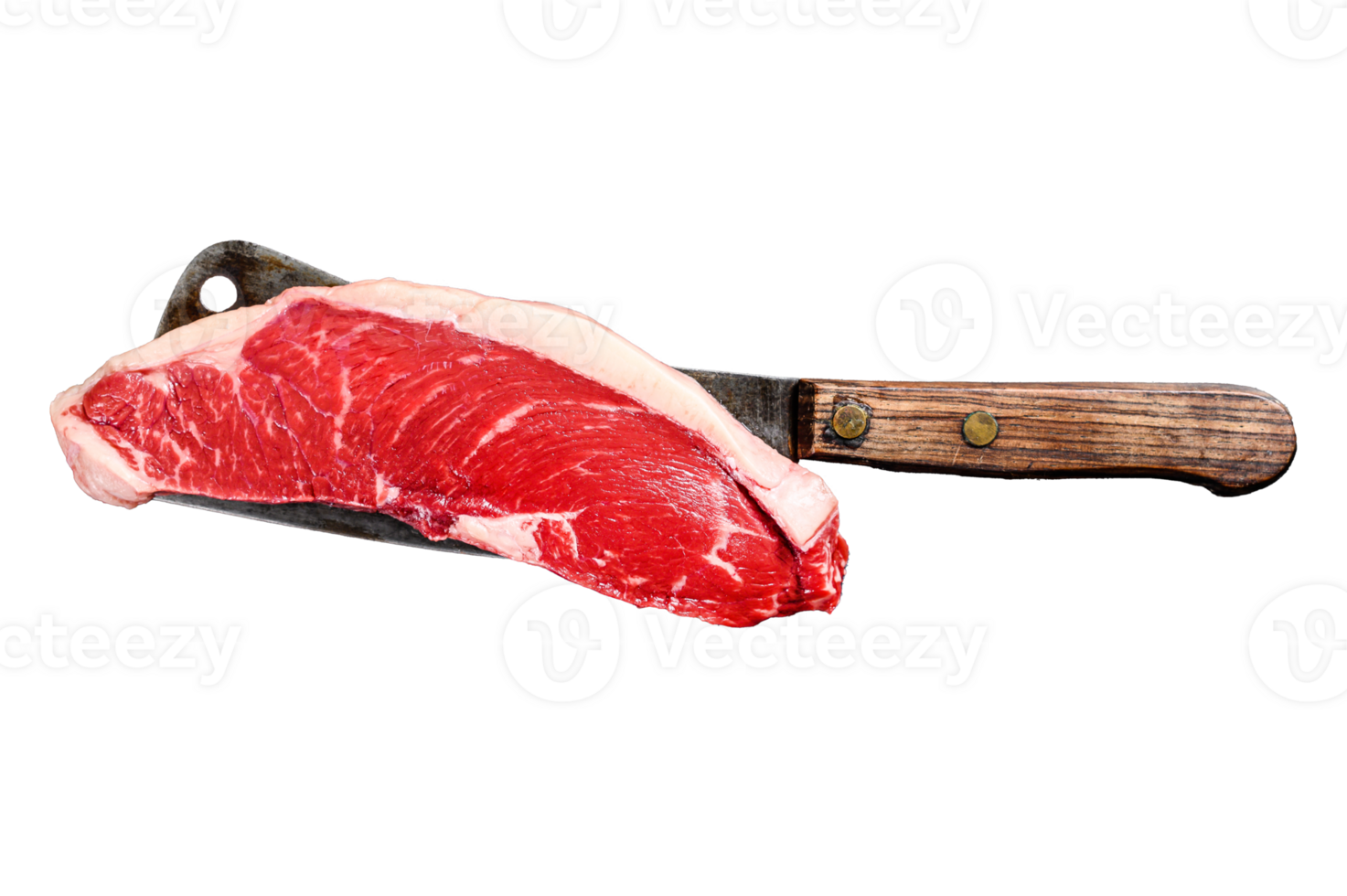 Raw sirloin steak on a cleaver. Marble beef. Black background. Top view png