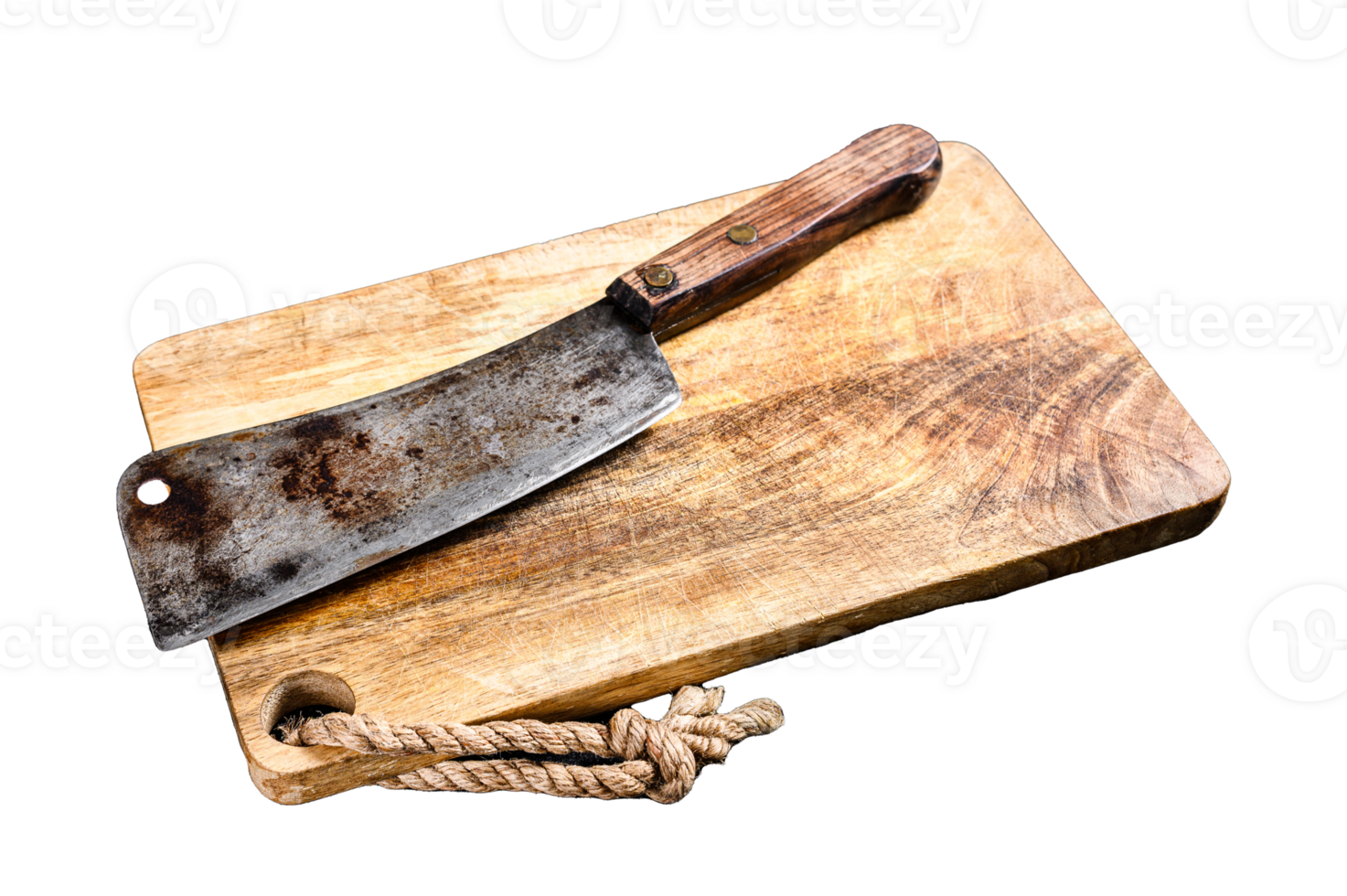 Vintage butcher meat cleaver on concrete board. Black background. Top view. Copy space png