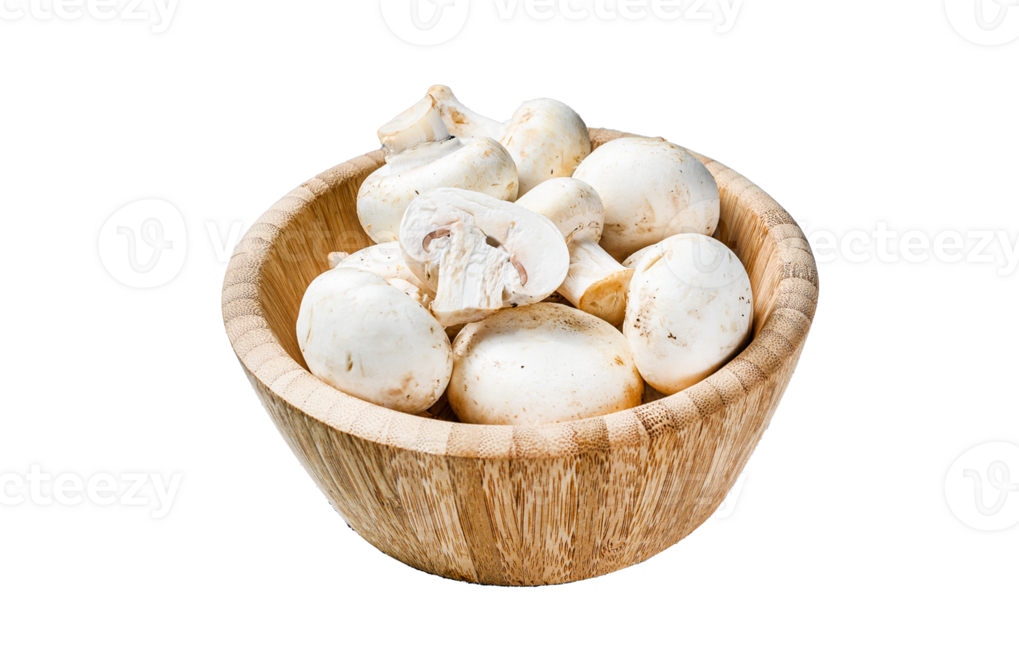 Raw white mushrooms in a bamboo bowl. Gray background. Top view. Space for text png