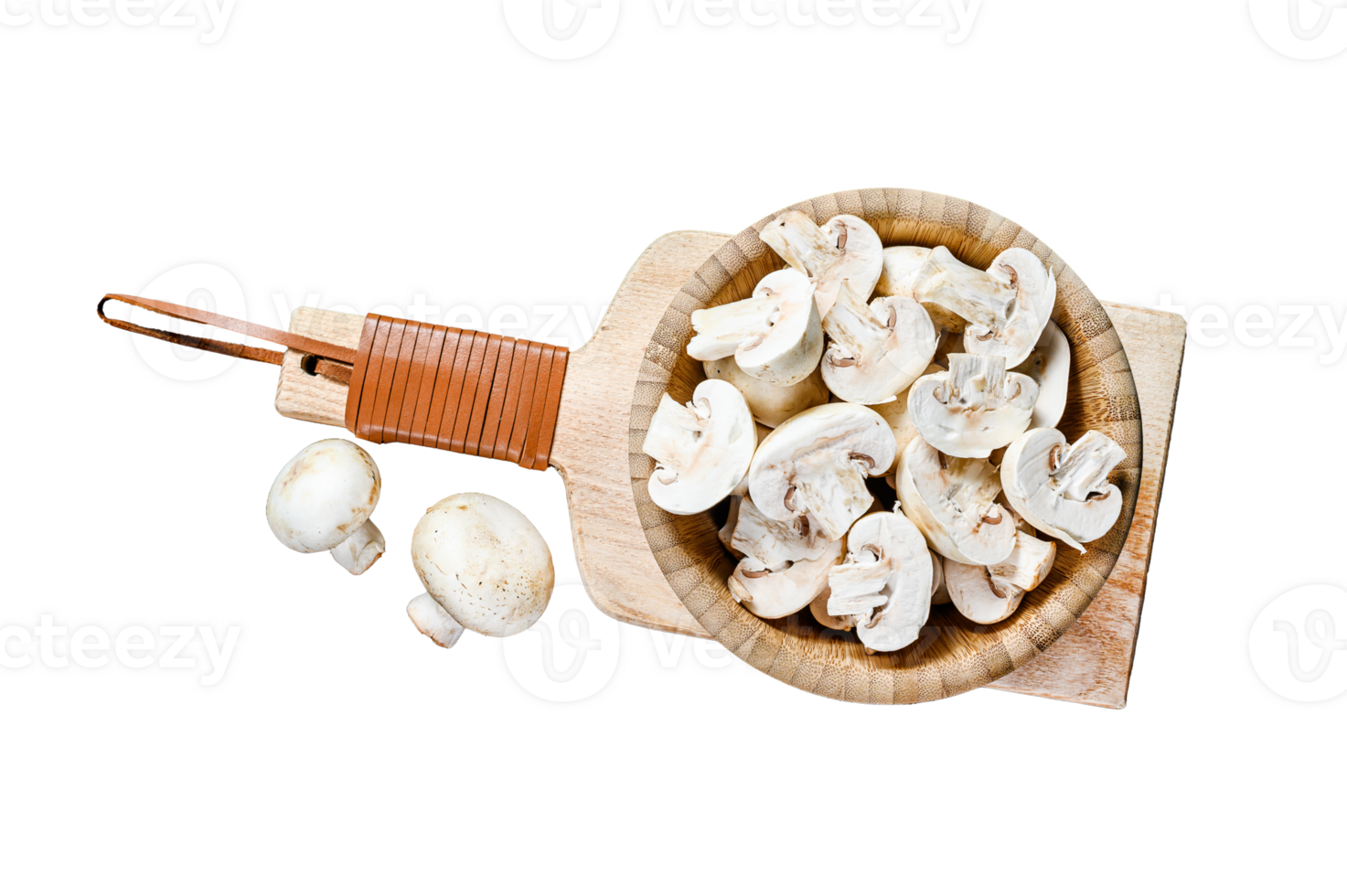 Chopped champignons in a wooden bowl. Black background. Top view png