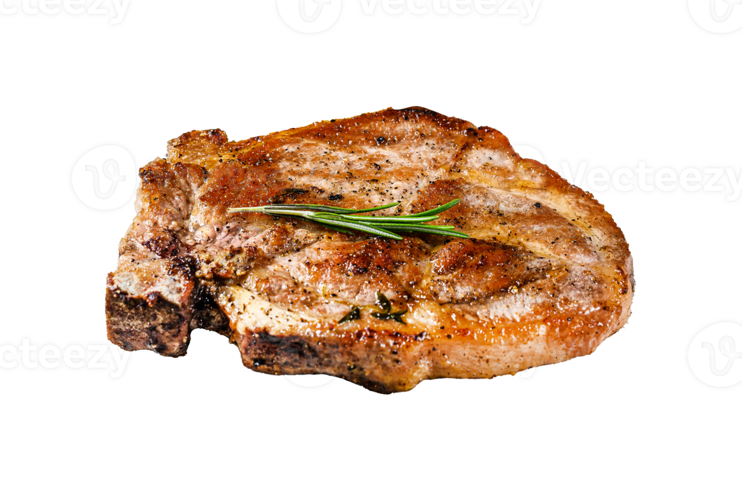 Grilled pork steak on bone with French fries. Gray background. Top view png