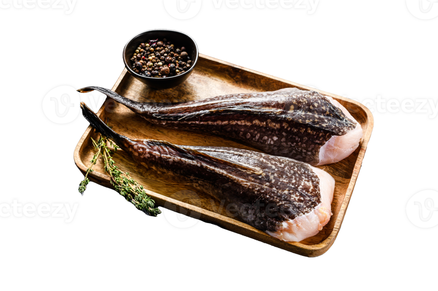 Raw monkfish on a wooden tray with a cleaver. Gray background. Top view png