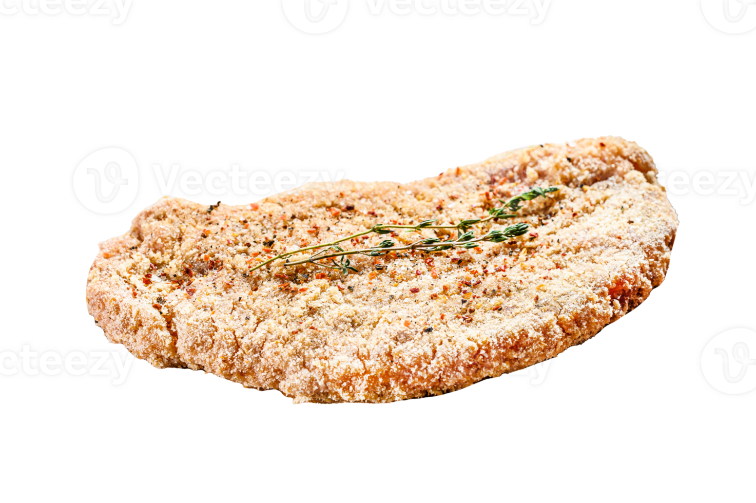 Homemade raw breaded German Weiner Schnitzel. Gray background. Top view png