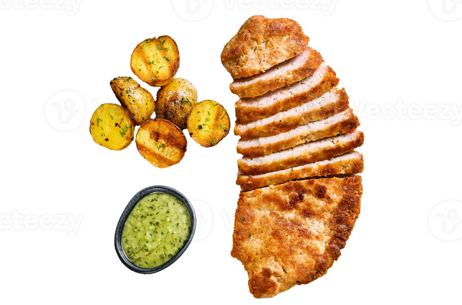 Homemade breaded german weiner schnitzel with potatoes and salad. Gray background. Top view png