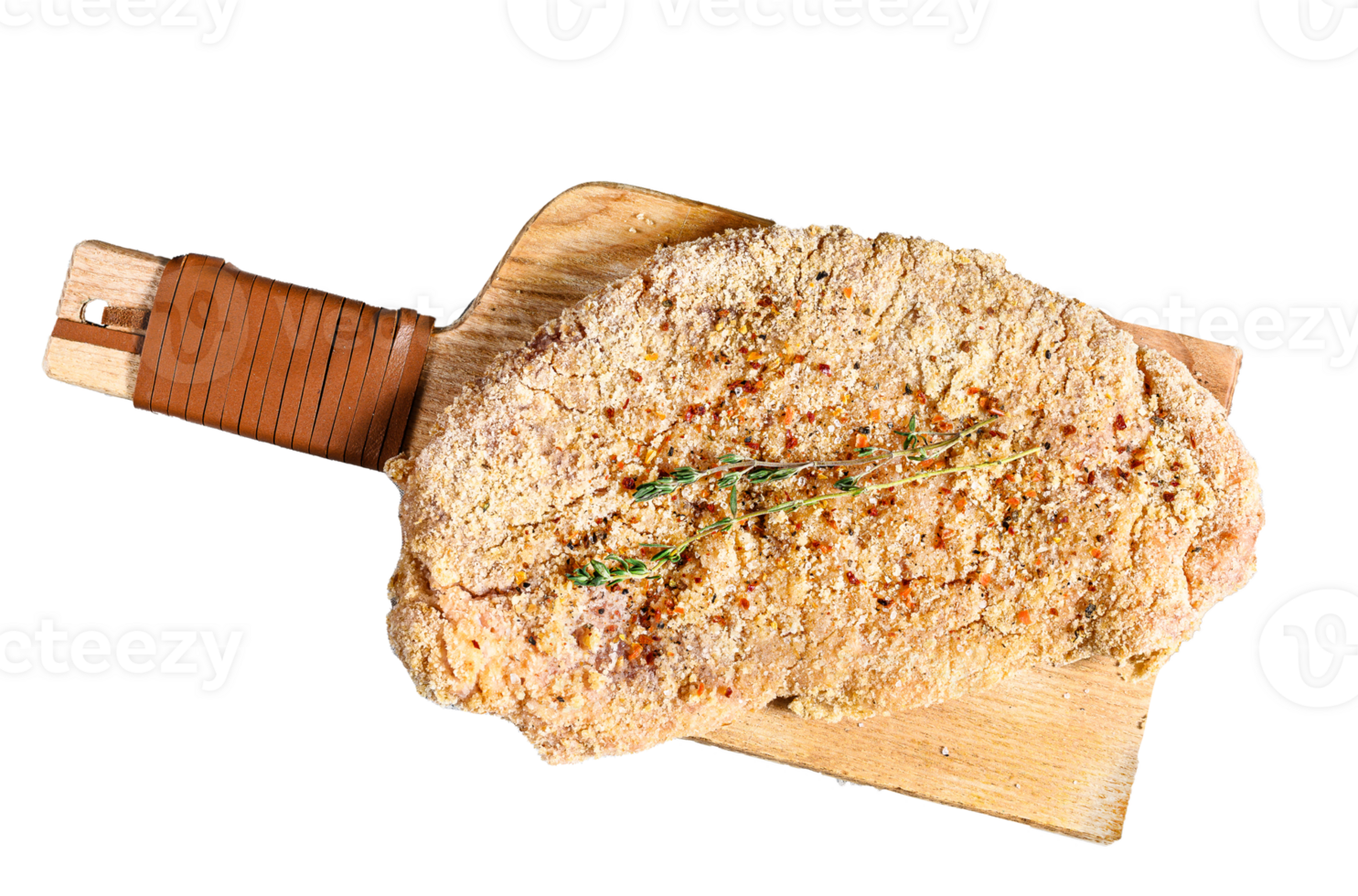 Raw chicken schnitzel in breadcrumbs. Gray background. Top view png
