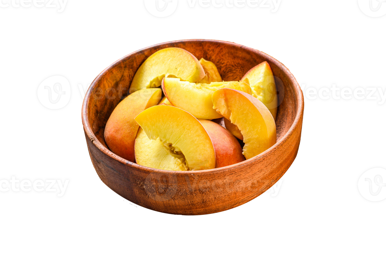 Sliced Peaches, organic fruit in a wooden bowl. Gray background. Top view png