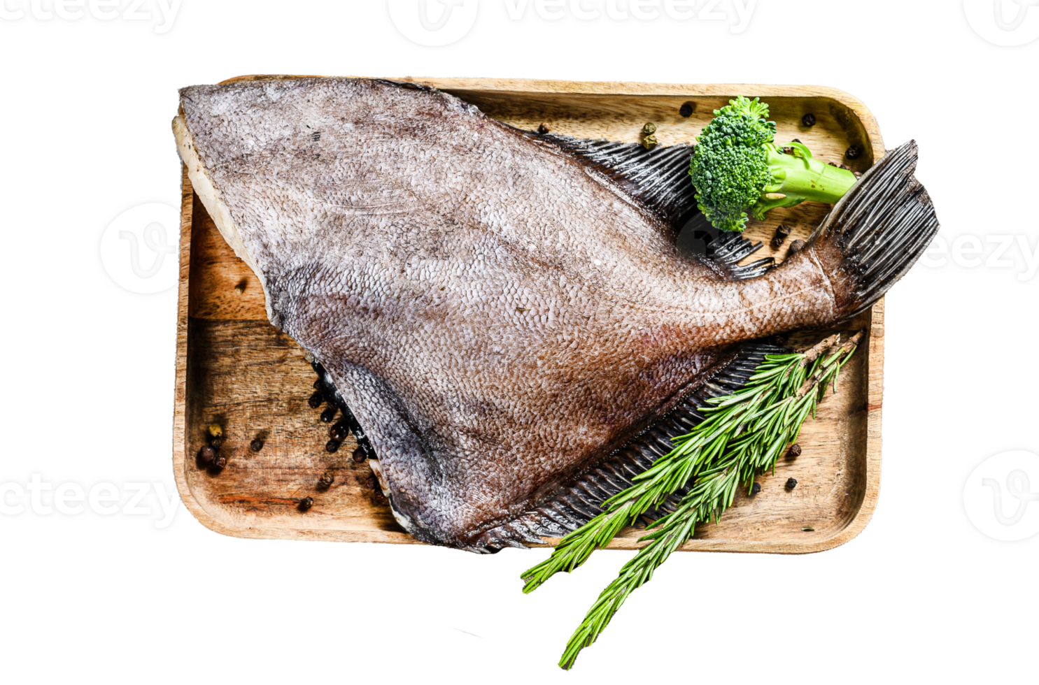 Raw fresh John Dory fish on a wooden tray with rosemary and broccoli. Gray background. Top view png