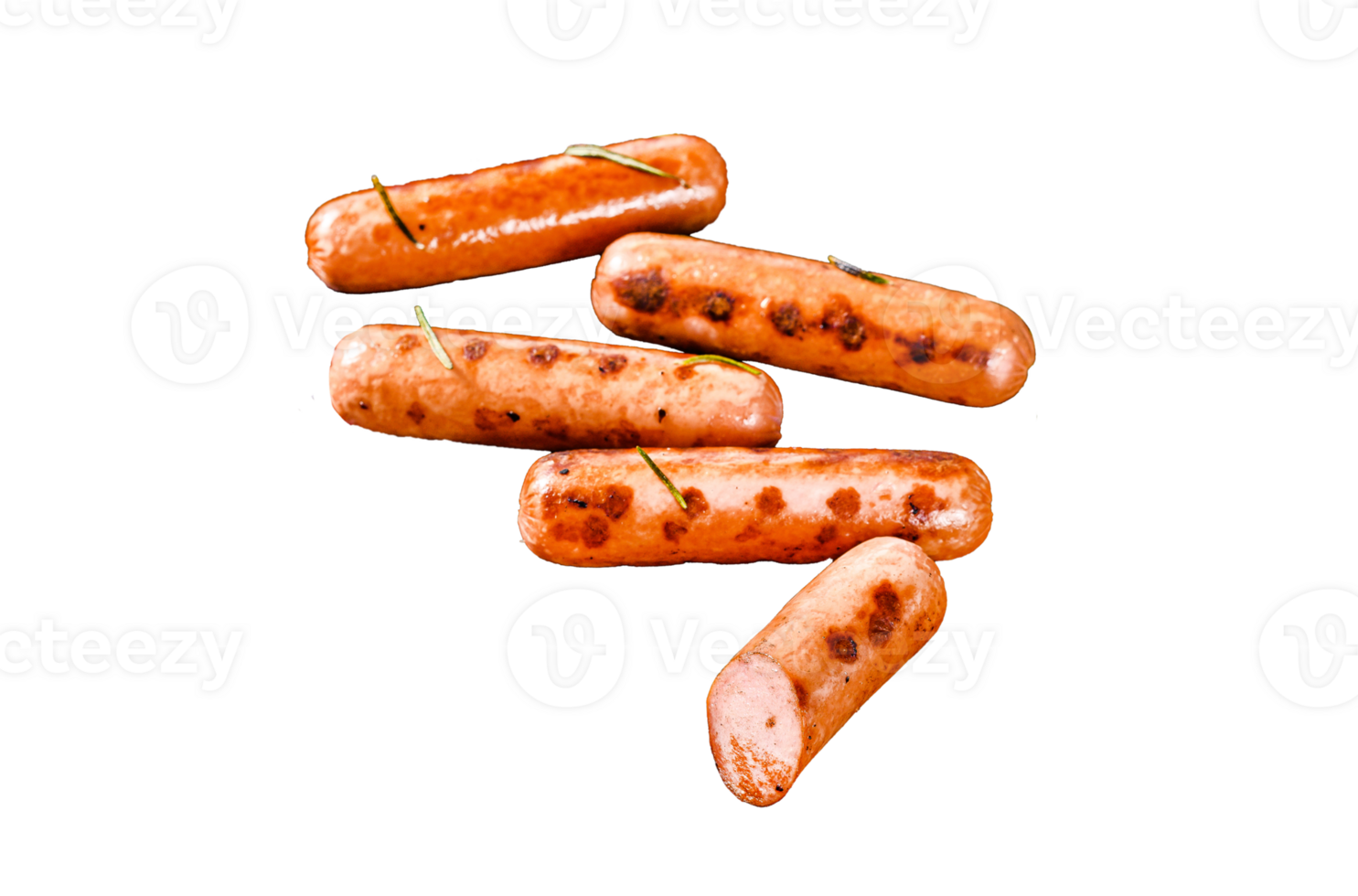 Fried chicken sausages with onion, garlic and rosemary. Black background. Top view png
