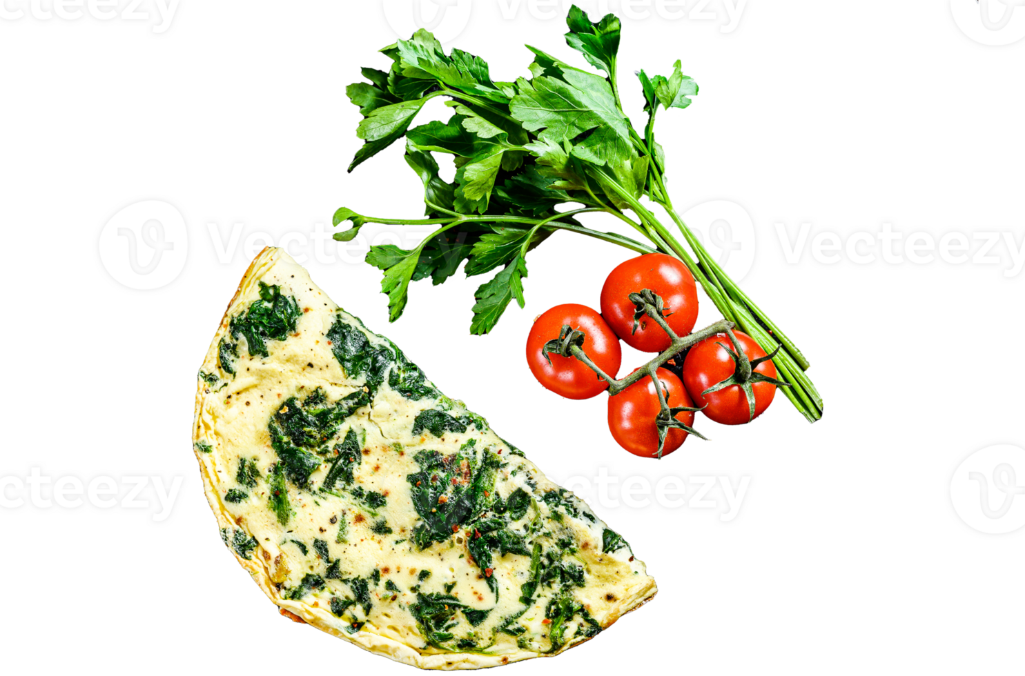Egg omelet with spinach, served on a plate with tomatoes. black background. Top view png