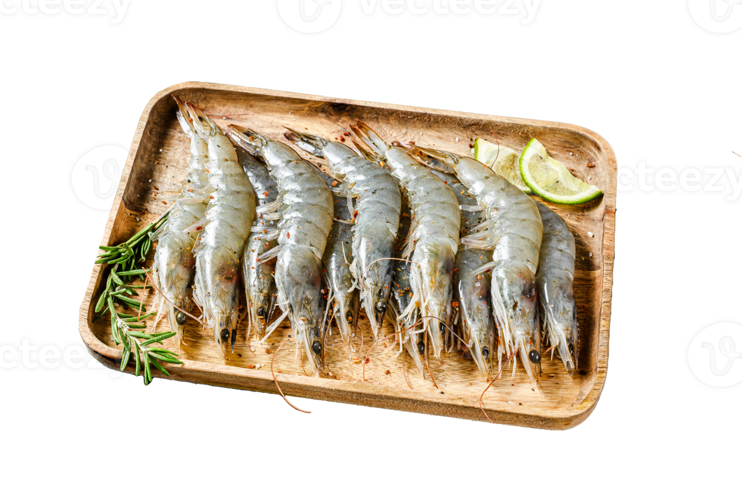 Whole fresh raw langoustine prawns, shrimps on a wooden tray. Black background. Top view png