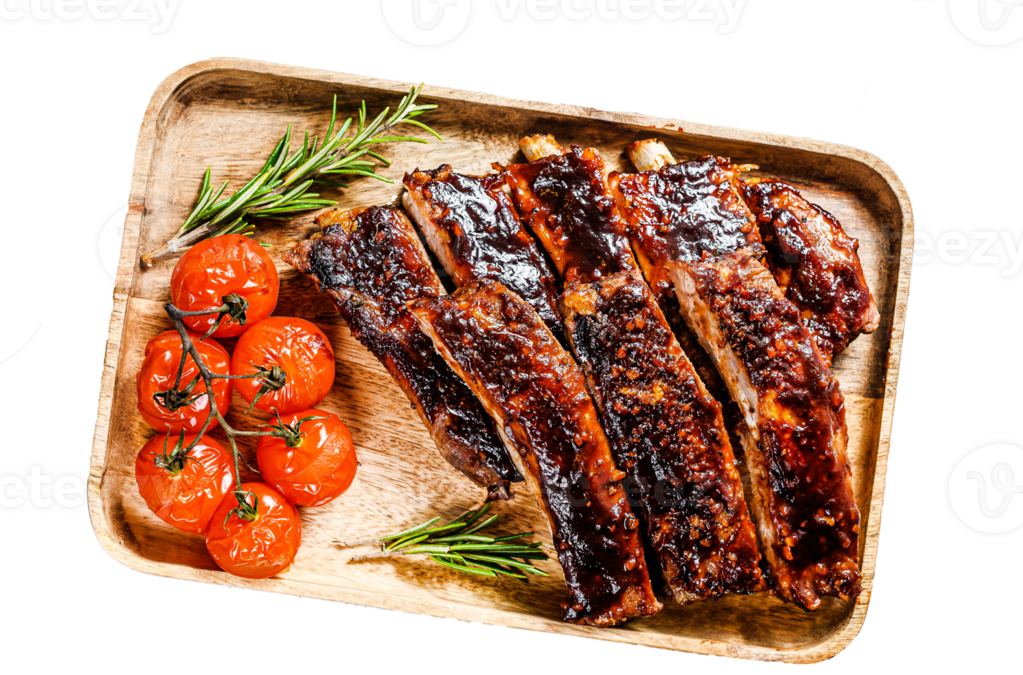 Delicious barbecued ribs seasoned with a spicy basting sauce and served with baked tomatoes. Gray background. Top view png