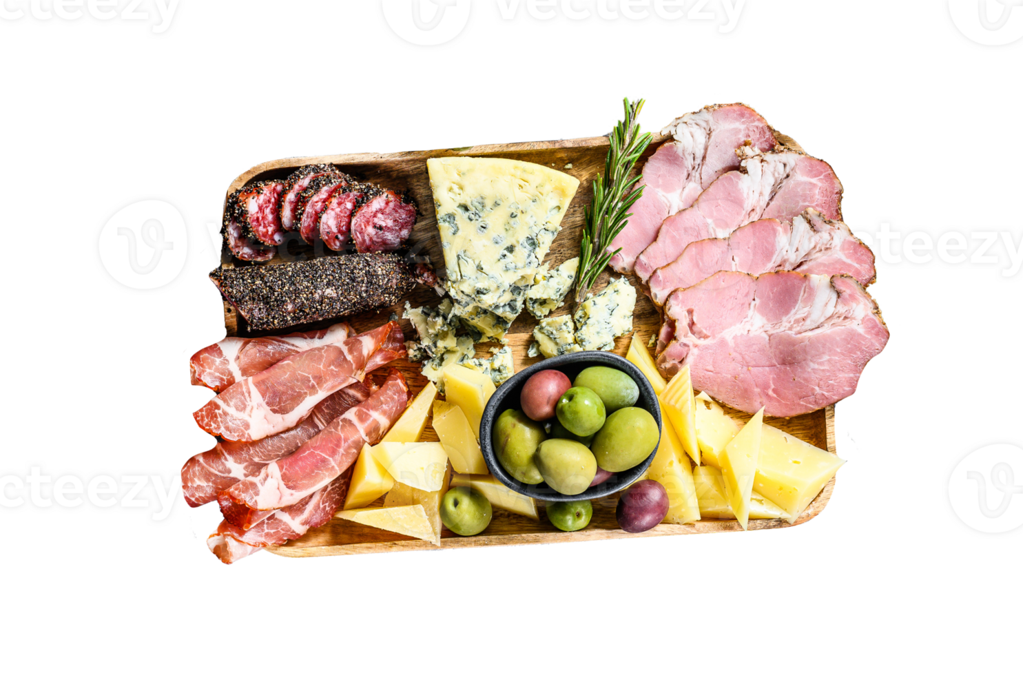 Antipasto platter with ham, prosciutto, salami, blue cheese, mozzarella and olives. Gray background. Top view png