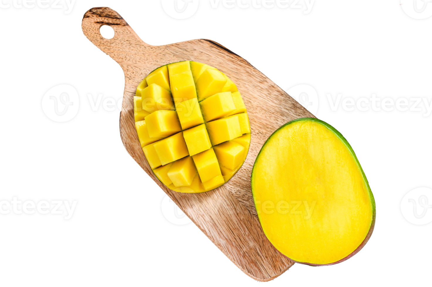 Mango fruit cut into cubes on a cutting Board. Gray background. Top view png