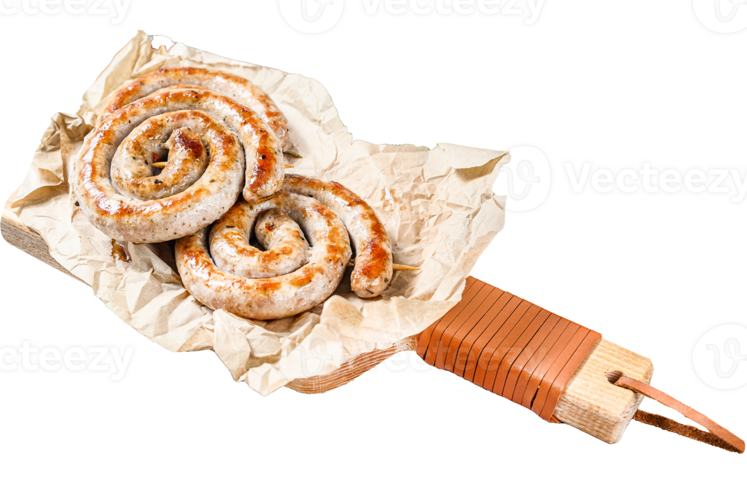 Grilled sausages spiral served on cutting board. Gray background. Top view png
