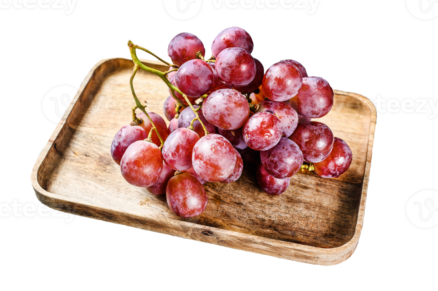 Red ripe grapes in a wooden bowl. White background. Top view png