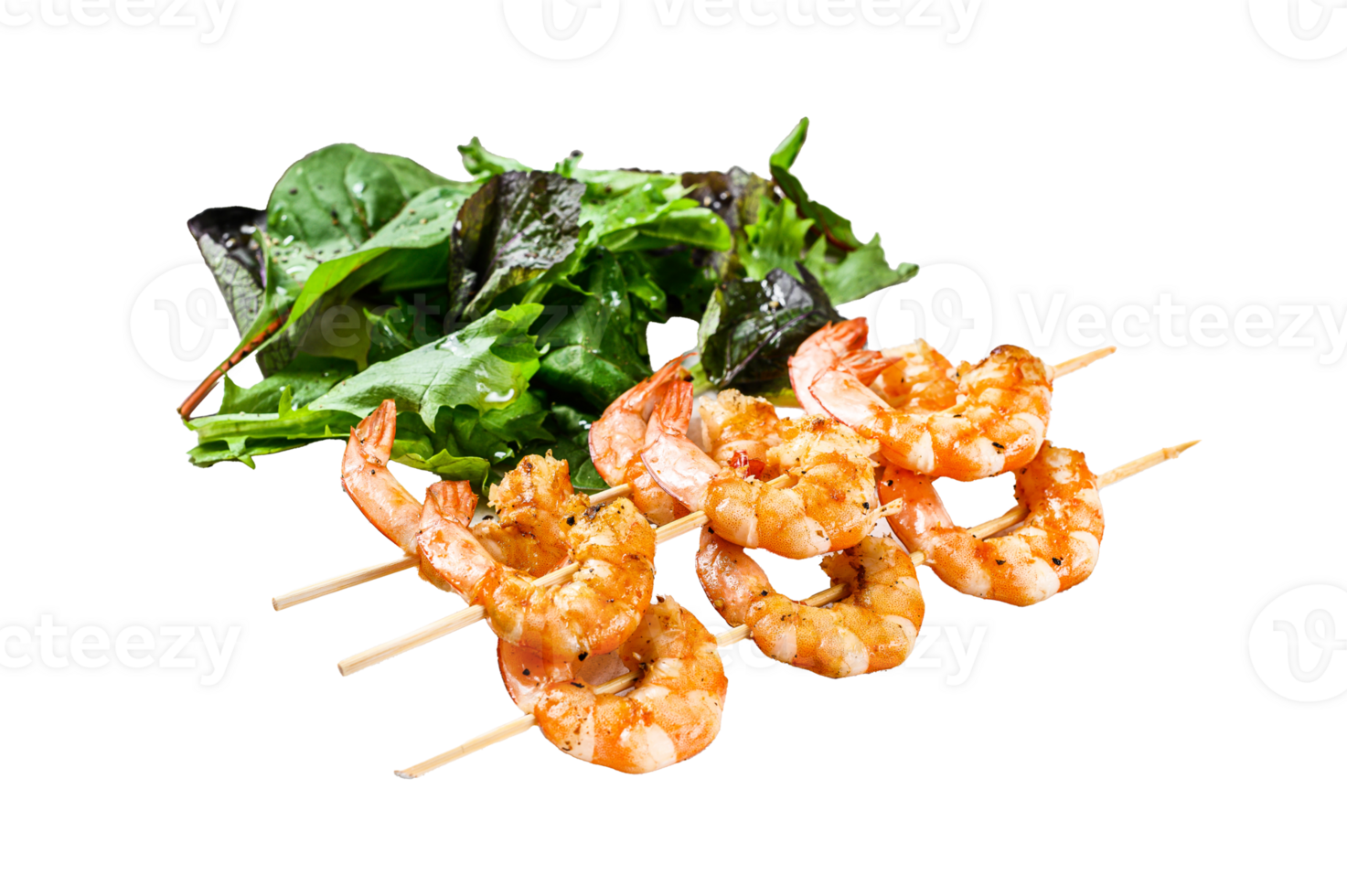 roasted shrimps, prawns on skewers with spinach salad. Gray background. Top view png