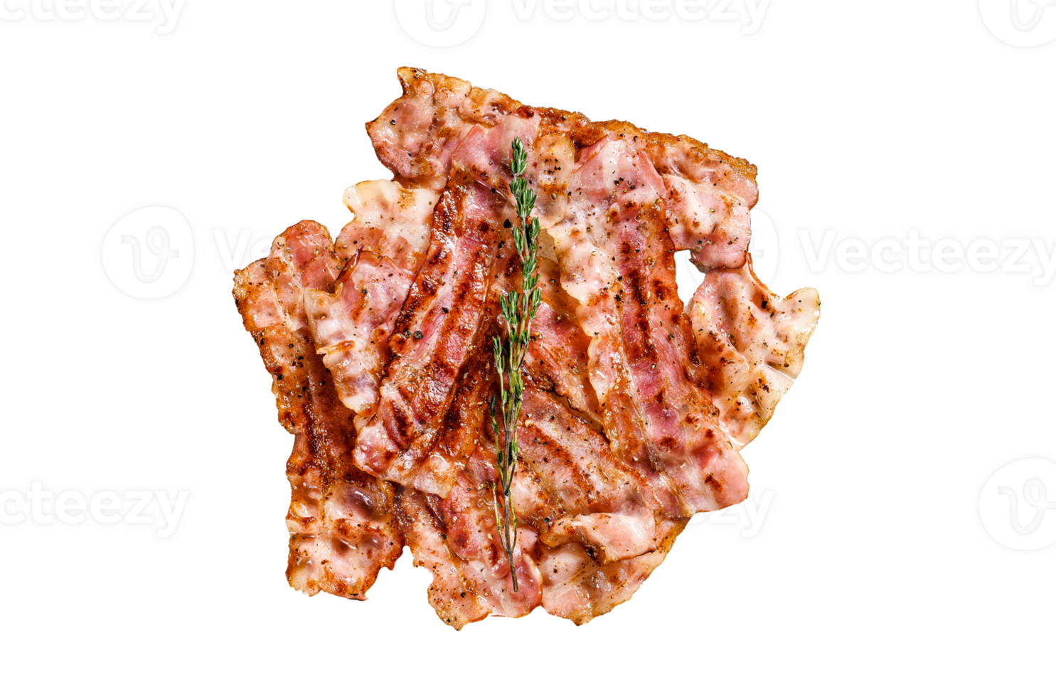Sizzling hot bacon pieces. Organic meat. Gray background. Top view png
