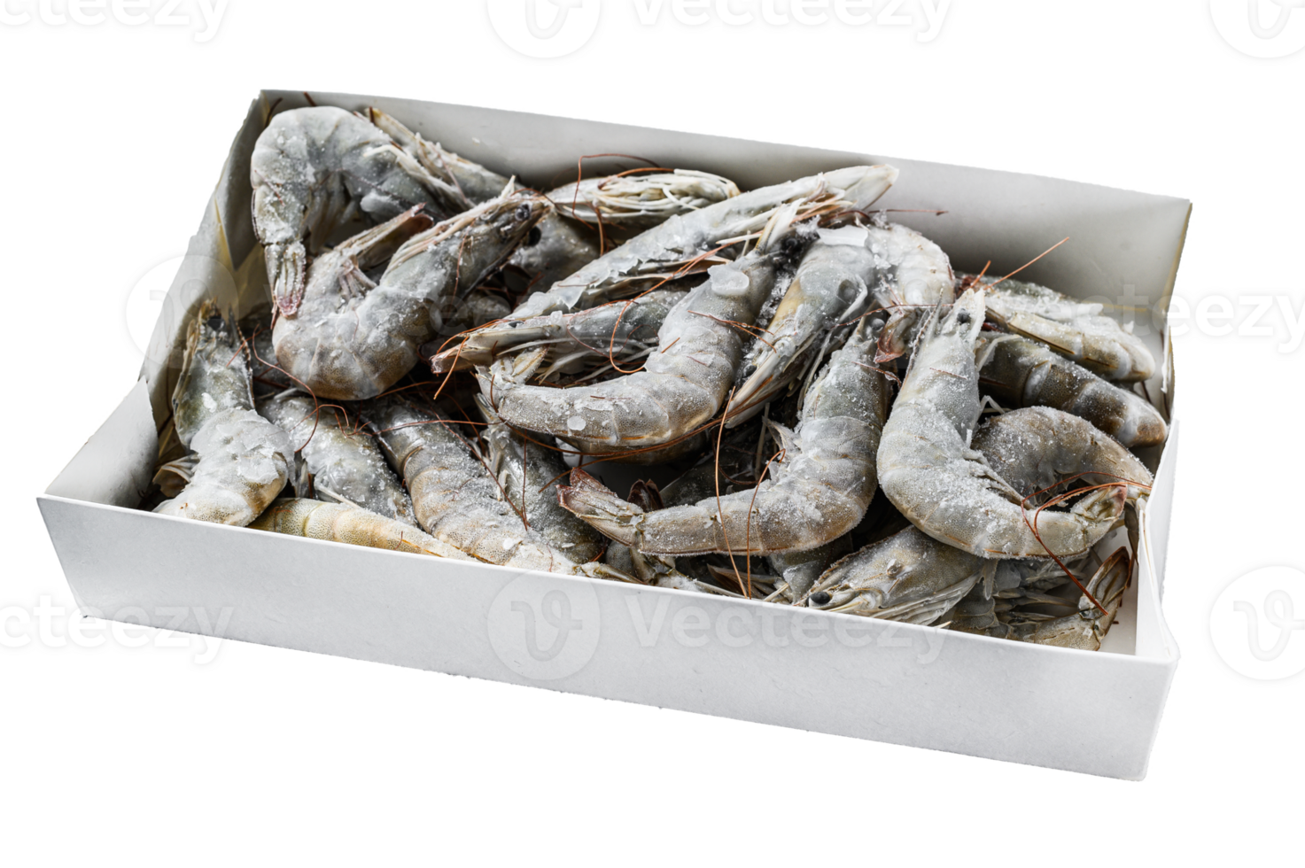 Frozen fresh big shrimps, prawns prepared for seafood cooking. White background. Top view. Copy space png